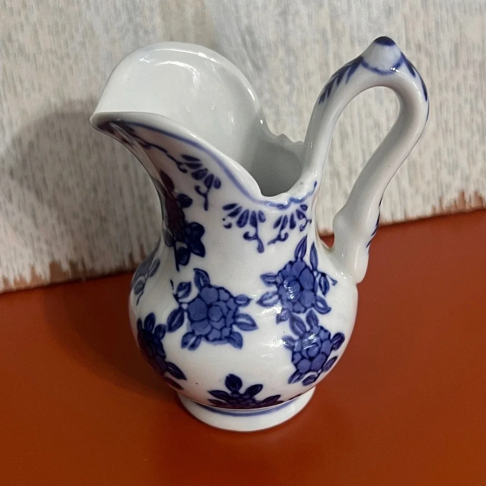 Vintage Blue and White Floral Porcelain Miniature Pitcher Creamer Bud Vase